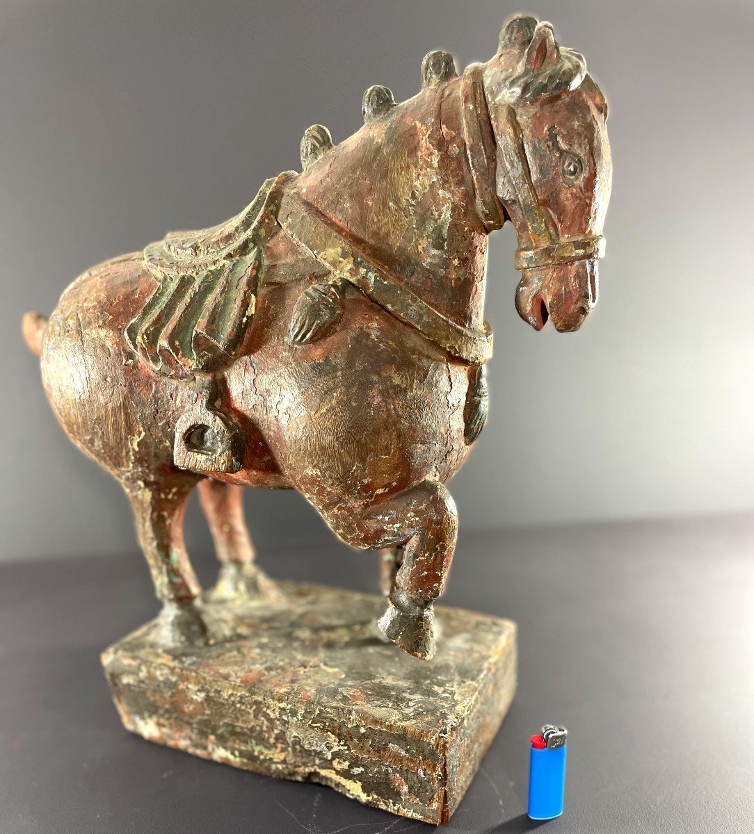 South China, Early 20th Century, Polychrome Wooden Horse Statue With Raised Leg.-photo-8