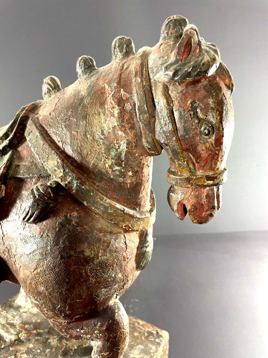 South China, Early 20th Century, Polychrome Wooden Horse Statue With Raised Leg.