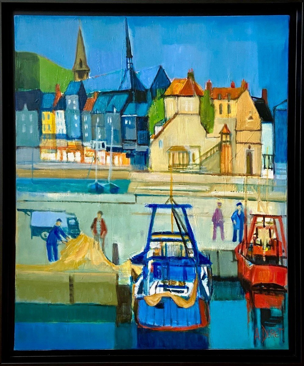 André Duret (1921-2019), Painting View Of The Port Of Honfleur, 1970s.-photo-2