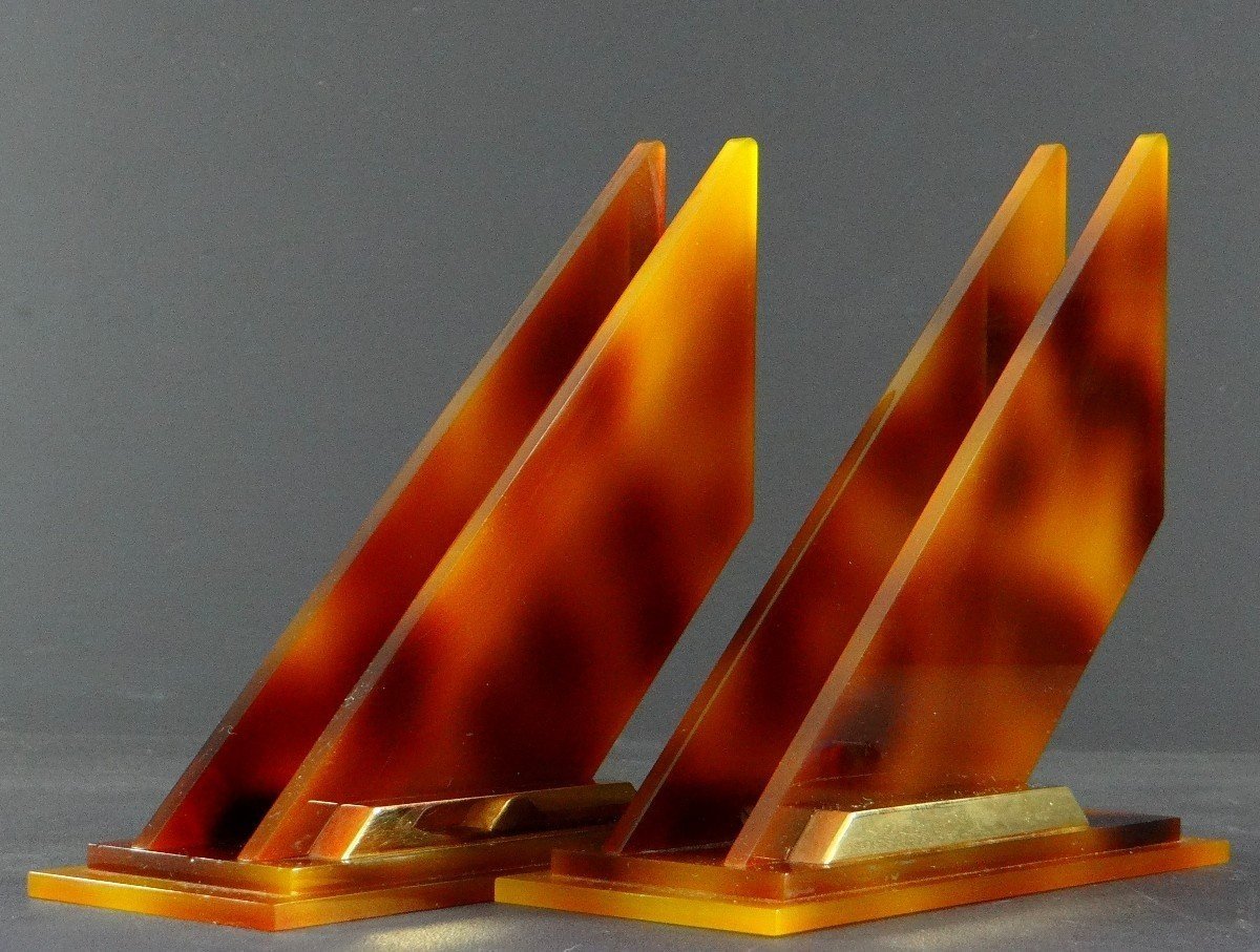 France, 1960s, Pair Of Modernist Plexiglas And Gilded Metal Bookends. -photo-2