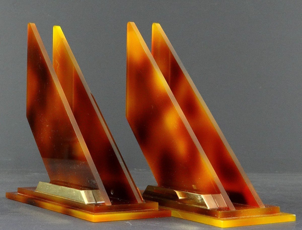 France, 1960s, Pair Of Modernist Plexiglas And Gilded Metal Bookends. -photo-4