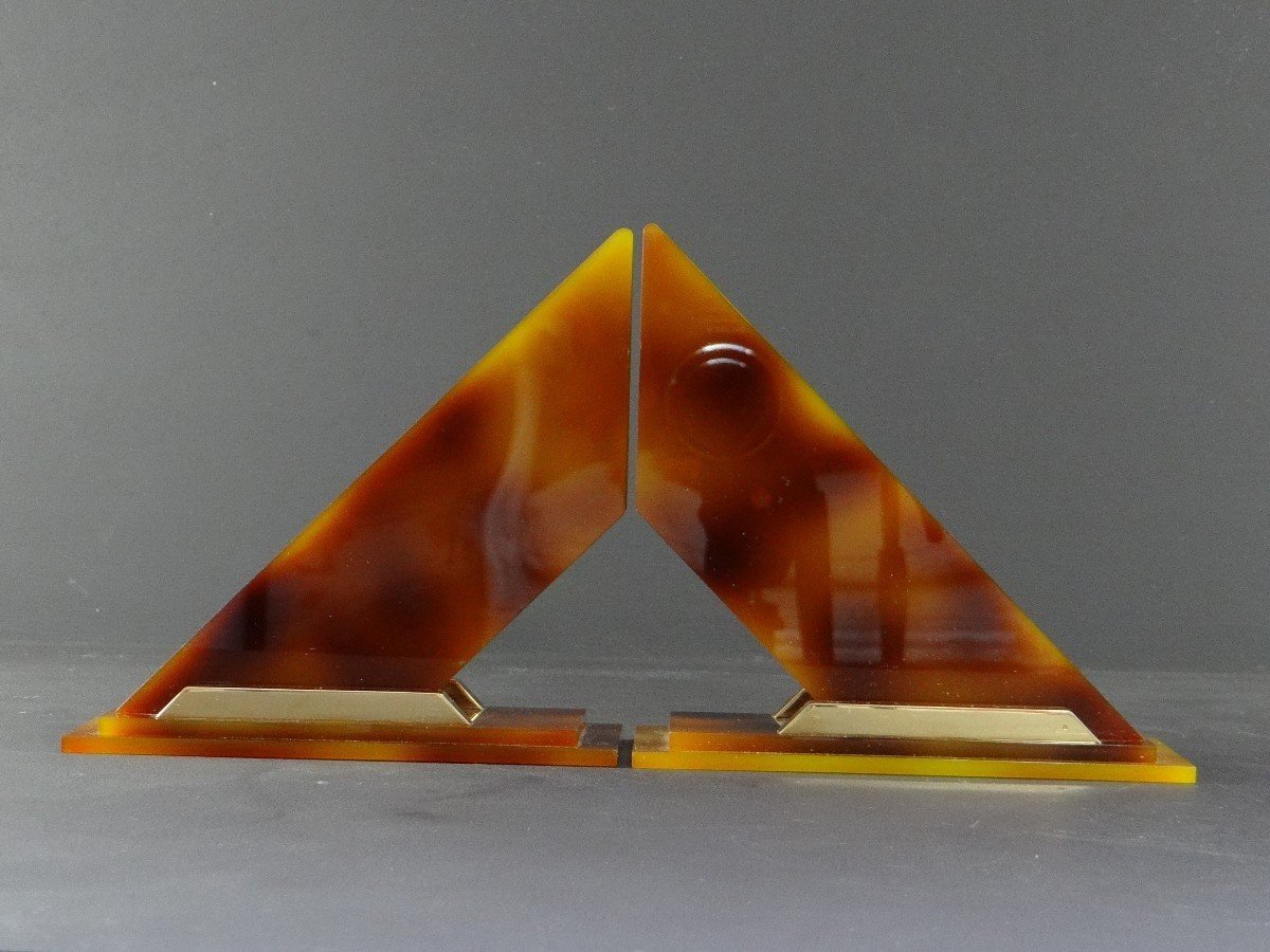 France, 1960s, Pair Of Modernist Plexiglas And Gilded Metal Bookends. -photo-2