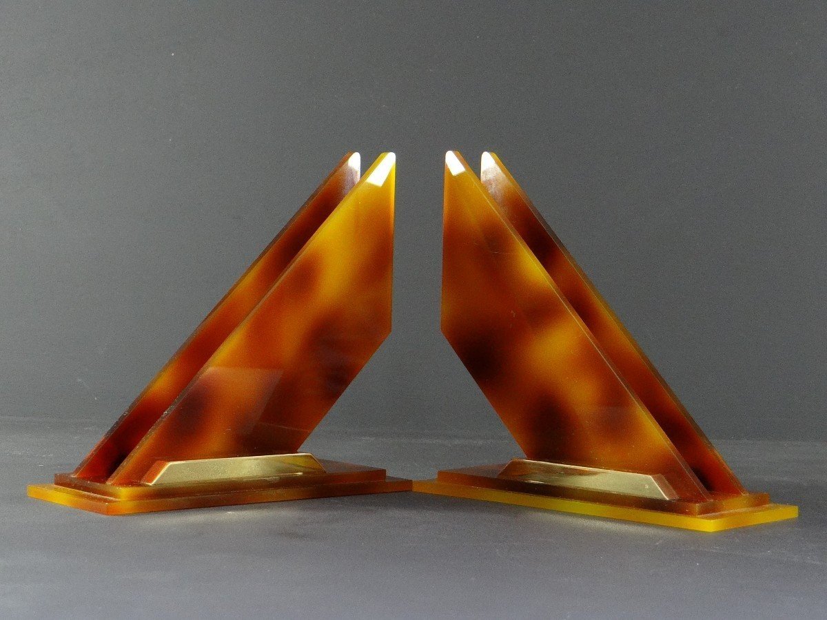 France, 1960s, Pair Of Modernist Plexiglas And Gilded Metal Bookends. -photo-4