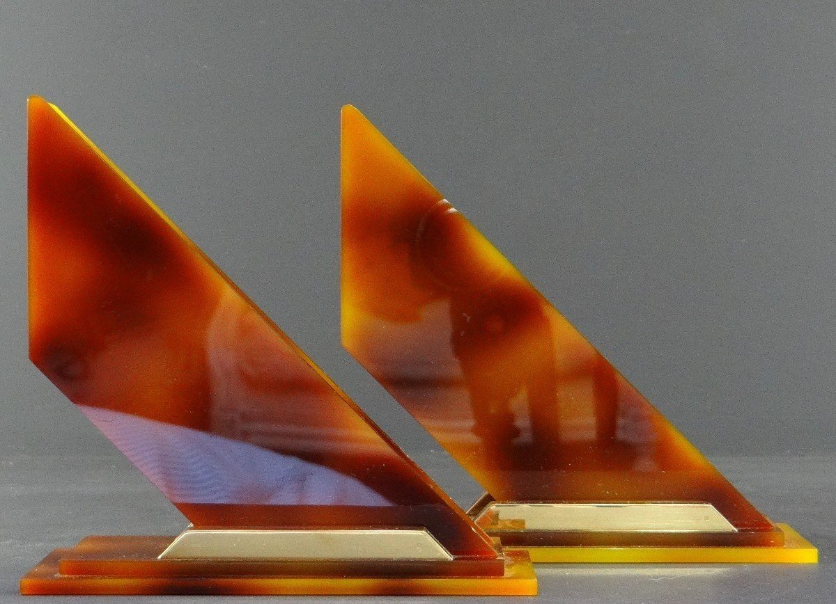 France, 1960s, Pair Of Modernist Plexiglas And Gilded Metal Bookends. -photo-5