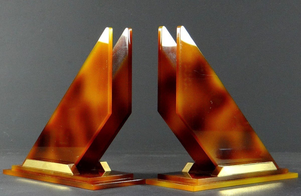 France, 1960s, Pair Of Modernist Plexiglas And Gilded Metal Bookends. 