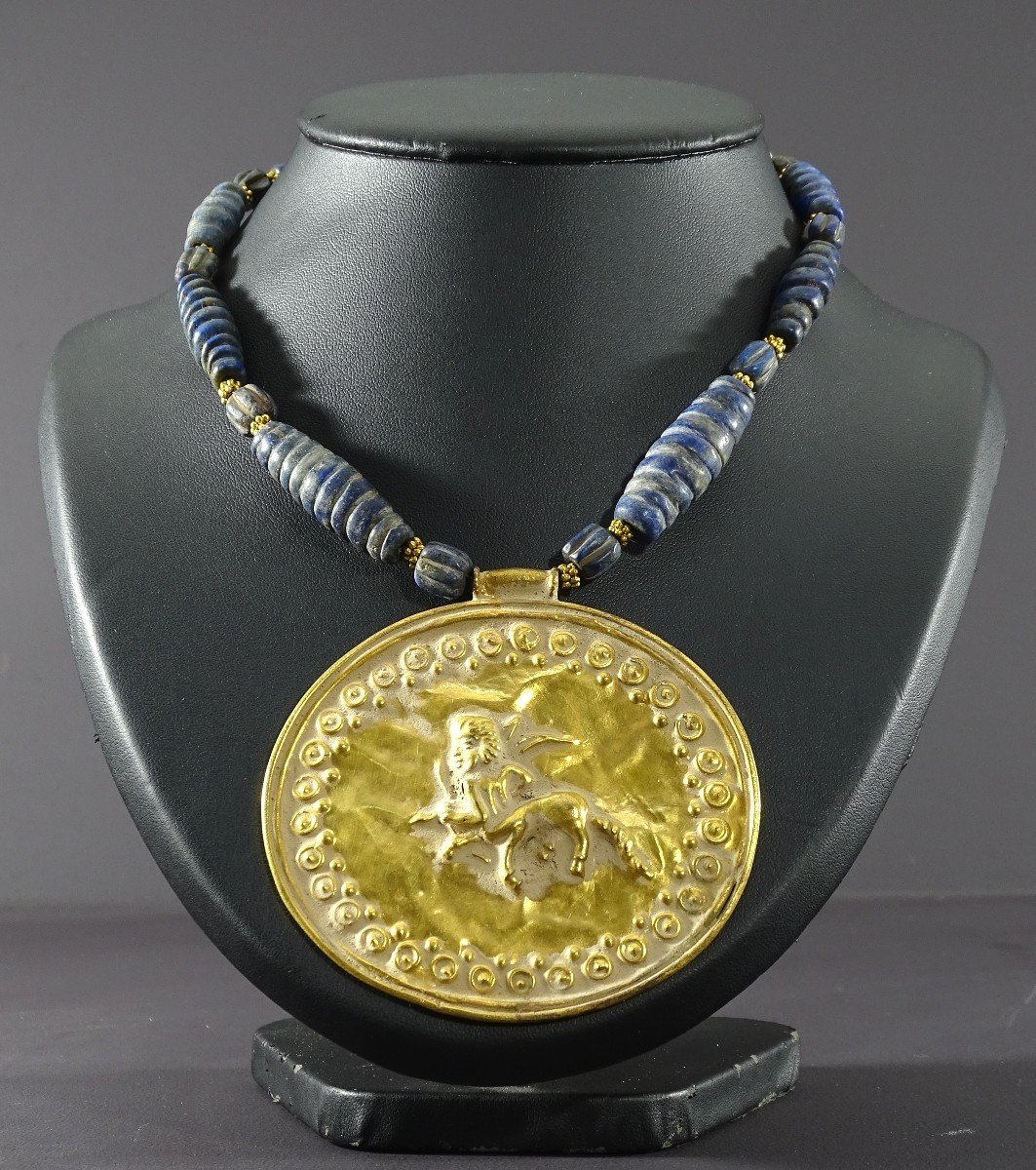 Afghanistan, Bactrian Civilization Style, Glass Bead Necklace And Gilt Bronze Medallion.