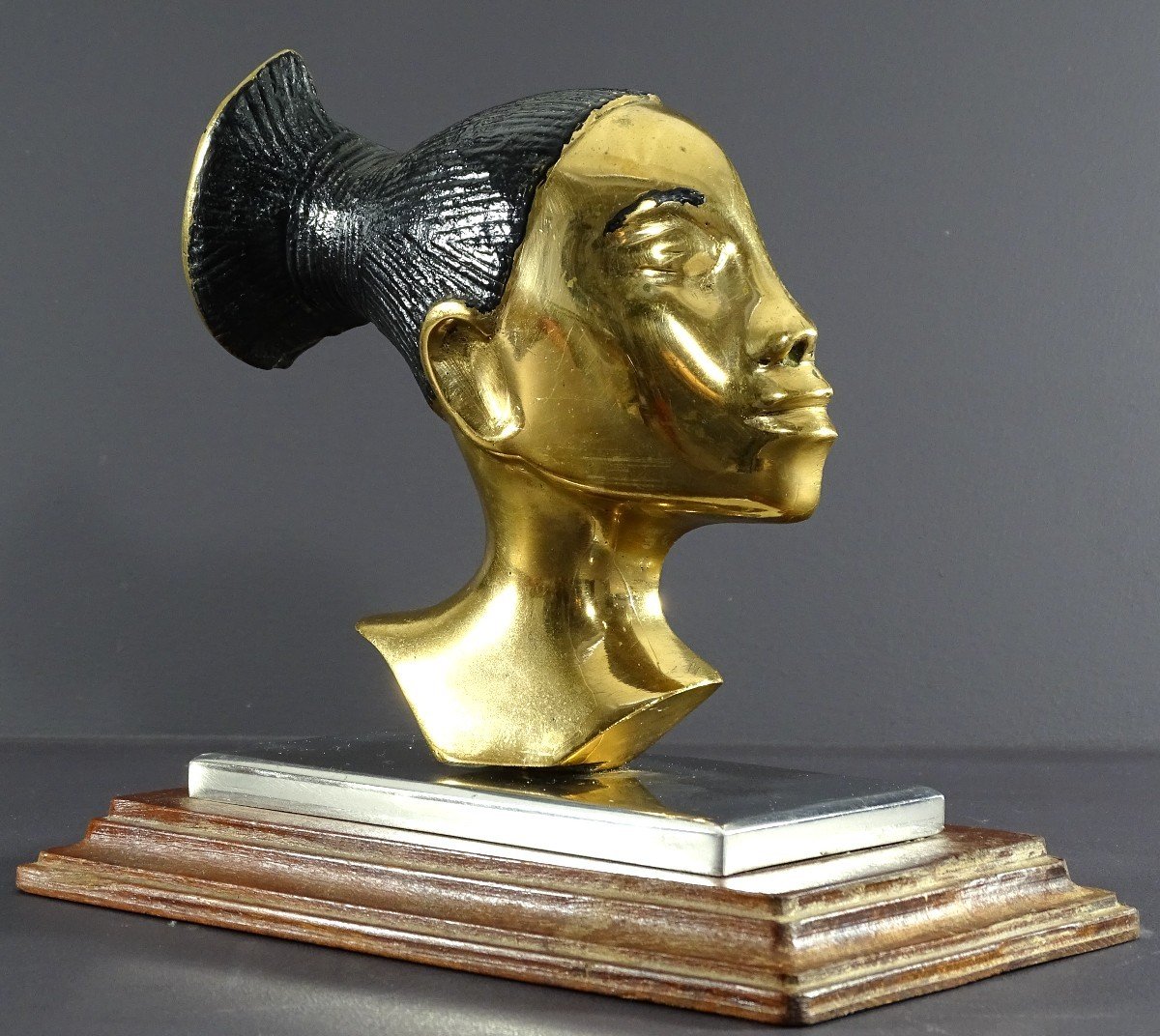 France, Années 1930/1950, Profil De Femme Mangbetu En Bronze Sur Socle Métal Chromé Et Bois.-photo-2