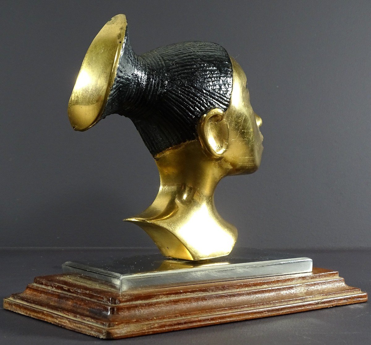 France, Années 1930/1950, Profil De Femme Mangbetu En Bronze Sur Socle Métal Chromé Et Bois.-photo-3