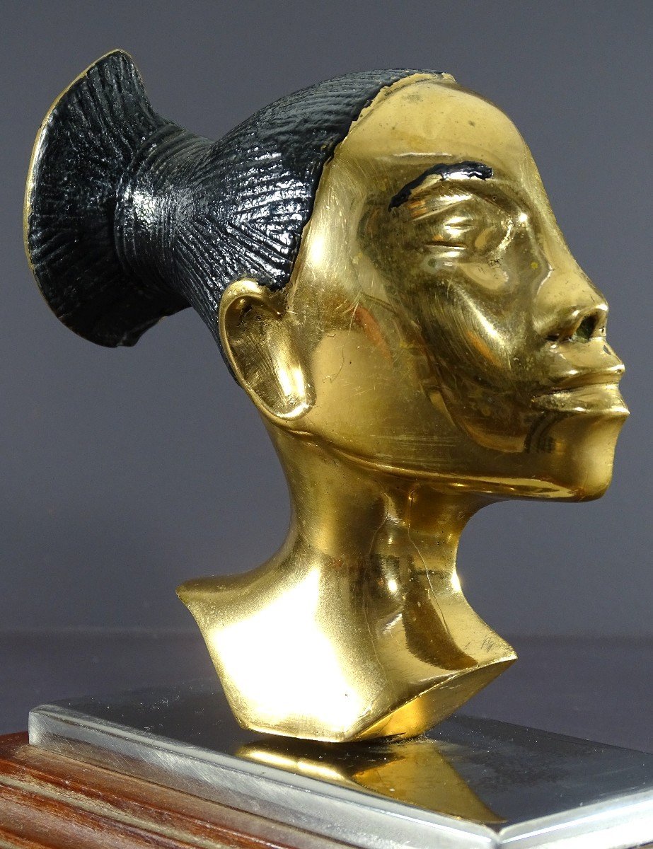 France, Années 1930/1950, Profil De Femme Mangbetu En Bronze Sur Socle Métal Chromé Et Bois.-photo-2