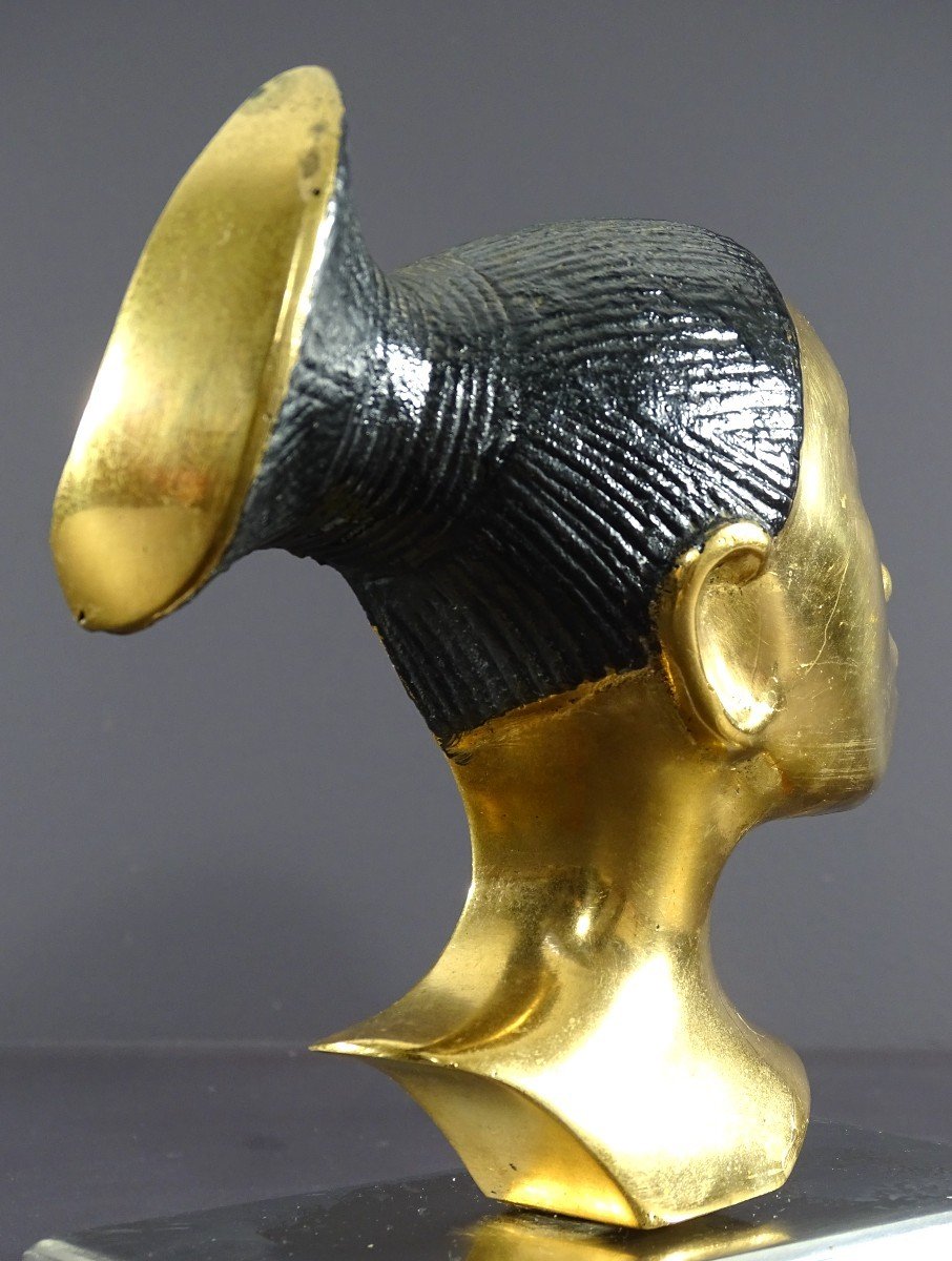 France, Années 1930/1950, Profil De Femme Mangbetu En Bronze Sur Socle Métal Chromé Et Bois.-photo-3