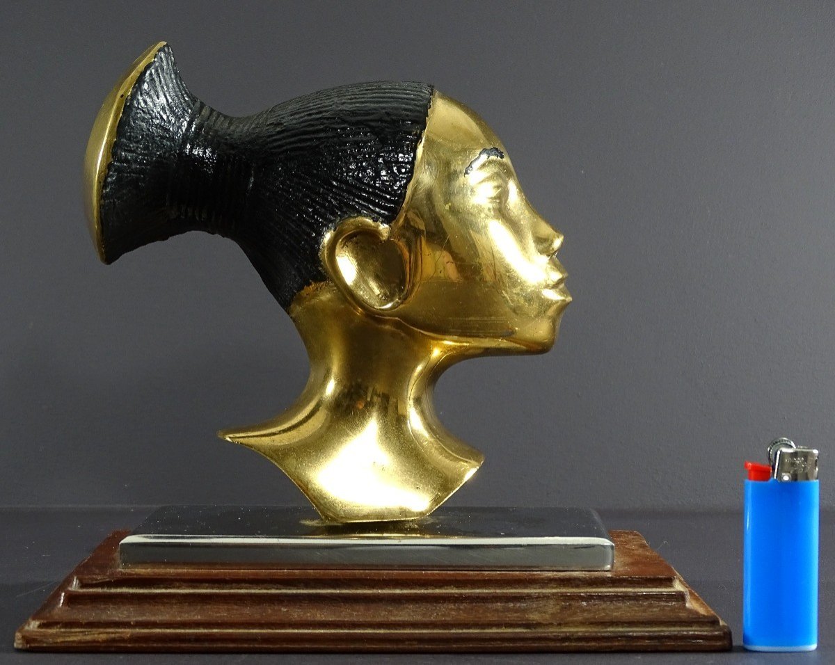 France, Années 1930/1950, Profil De Femme Mangbetu En Bronze Sur Socle Métal Chromé Et Bois.-photo-4