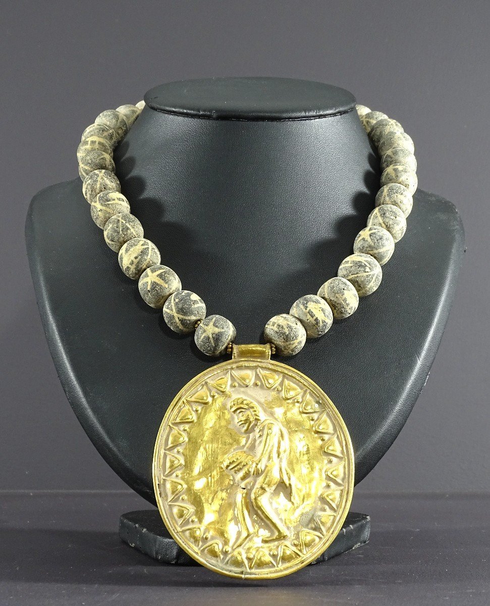 Afghanistan, Bactrian Style, Antique Glass Bead Necklace And Gilt Bronze Medallion.