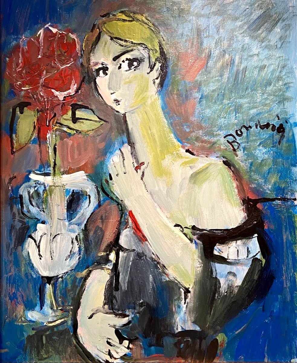 Mario Bonamici (1912-2002), Tableau Jeune élégante à La Fleur Rouge.-photo-3