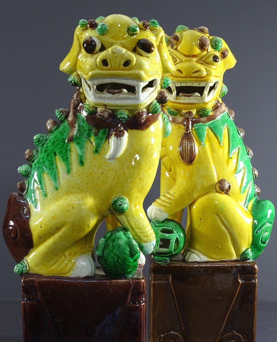 Chine, Années 1950/1960, Grande Paire De Chiens De Fo En Porcelaine Couleurs Sancai. -photo-5