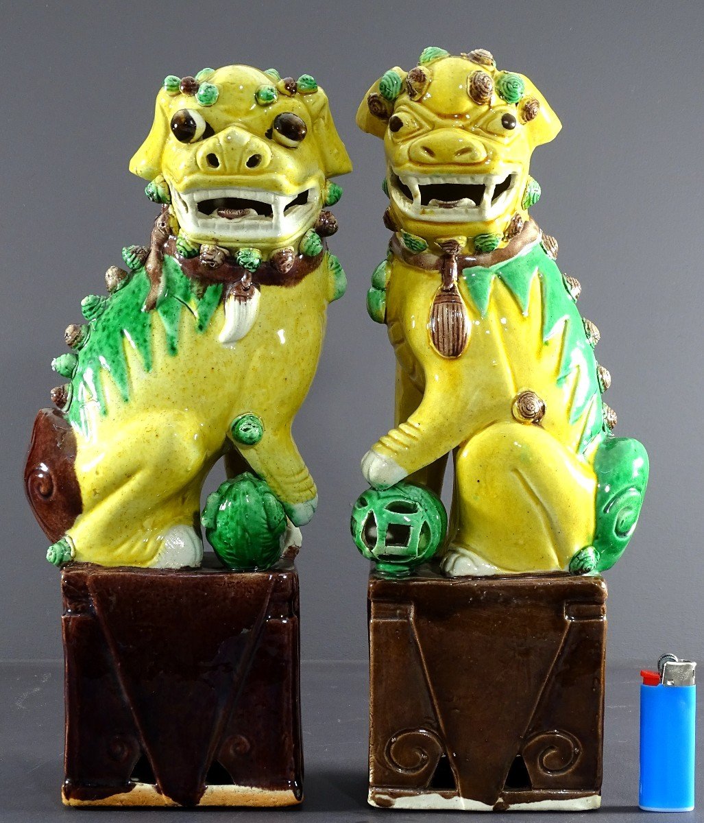 Chine, Années 1950/1960, Grande Paire De Chiens De Fo En Porcelaine Couleurs Sancai. -photo-7