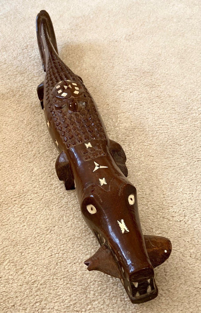 Solomon Islands, 1950s/1960s, Mother-of-pearl Inlaid Wooden Sculpture Forming A Crocodile. 