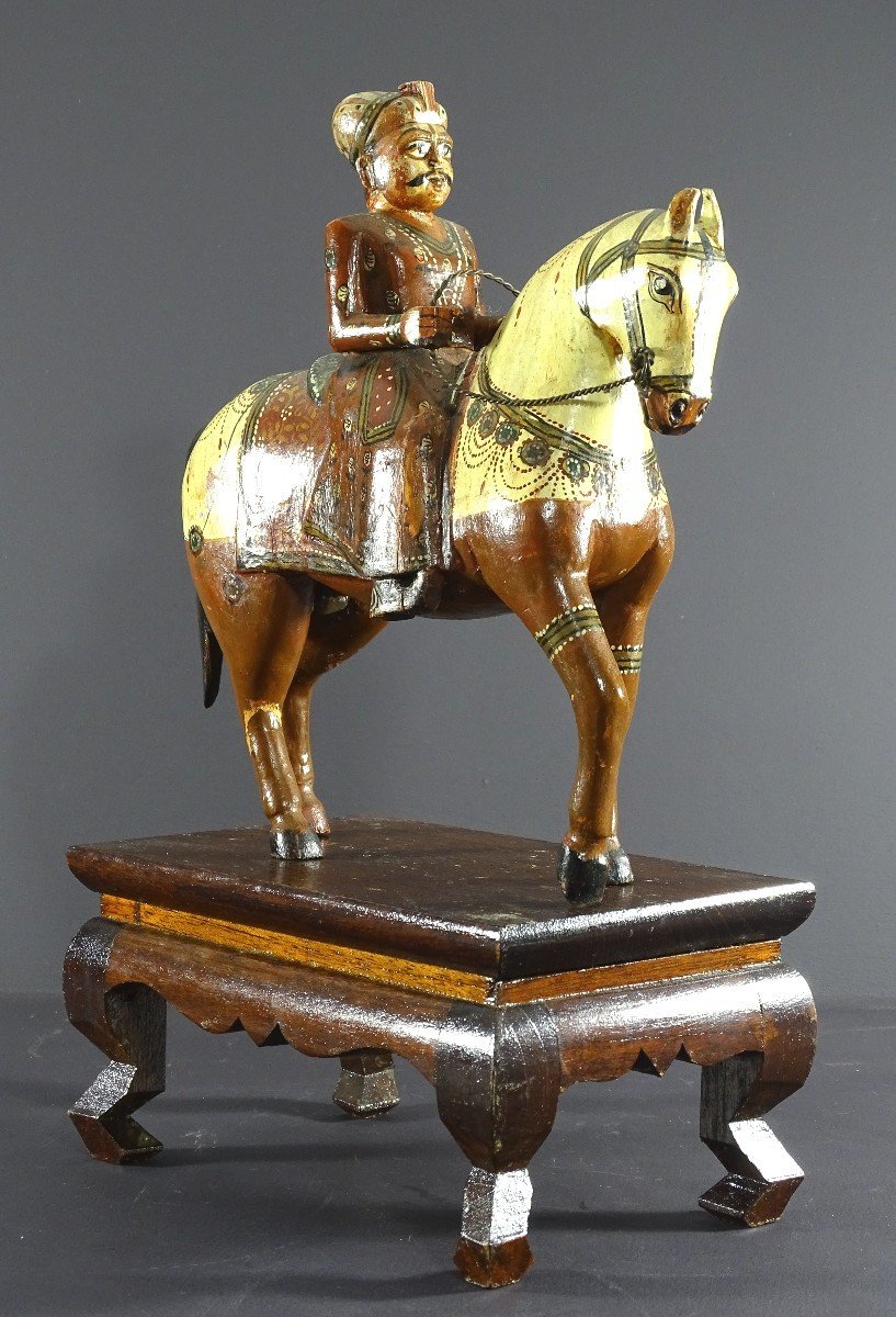 India, Mid-20th Century, Polychrome Wooden Group Of Rider On His Harnessed Mount. -photo-2