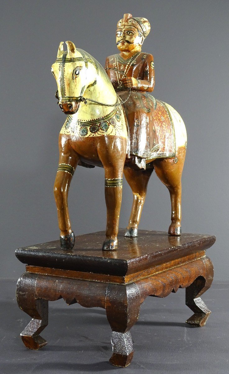 India, Mid-20th Century, Polychrome Wooden Group Of Rider On His Harnessed Mount. -photo-3