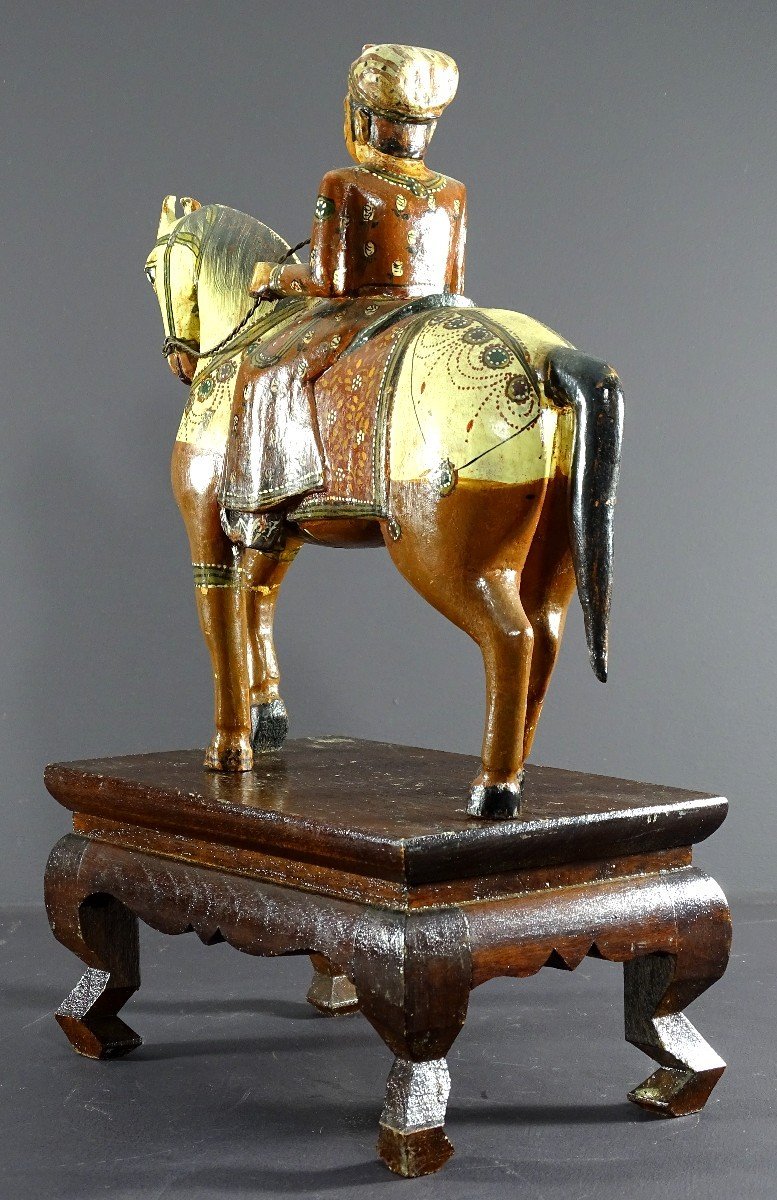 India, Mid-20th Century, Polychrome Wooden Group Of Rider On His Harnessed Mount. -photo-1