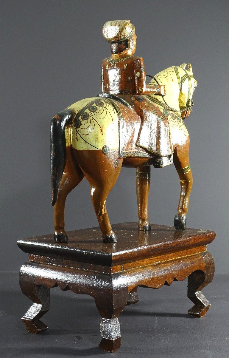 India, Mid-20th Century, Polychrome Wooden Group Of Rider On His Harnessed Mount. -photo-2