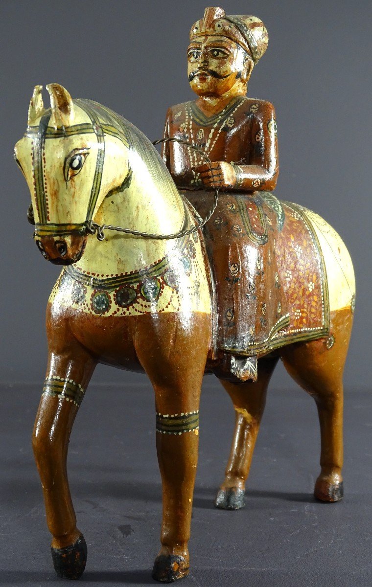 India, Mid-20th Century, Polychrome Wooden Group Of Rider On His Harnessed Mount. -photo-4