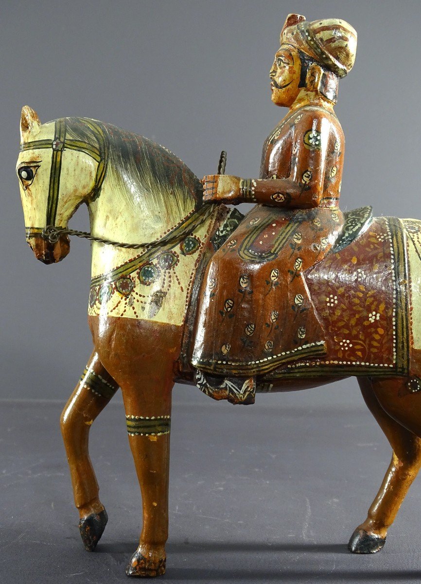 India, Mid-20th Century, Polychrome Wooden Group Of Rider On His Harnessed Mount. -photo-5