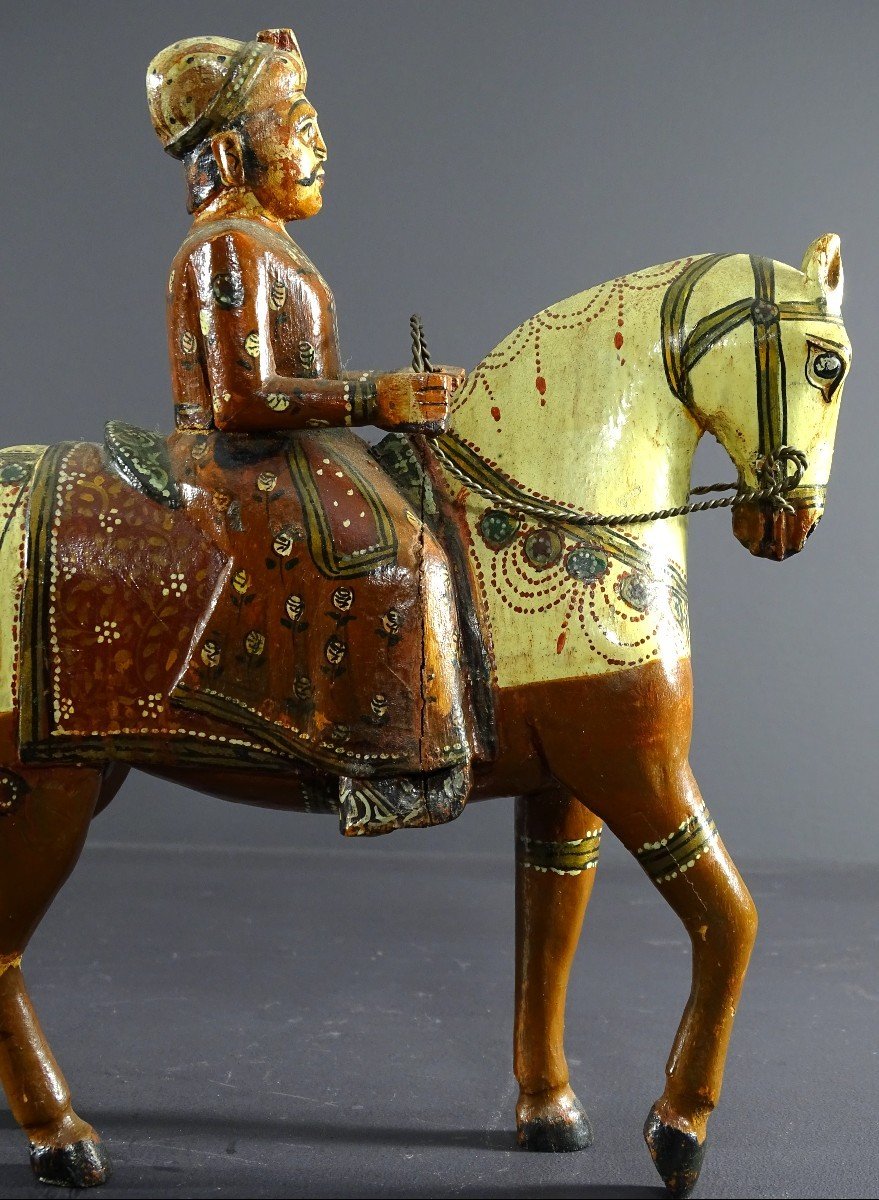 India, Mid-20th Century, Polychrome Wooden Group Of Rider On His Harnessed Mount. -photo-6