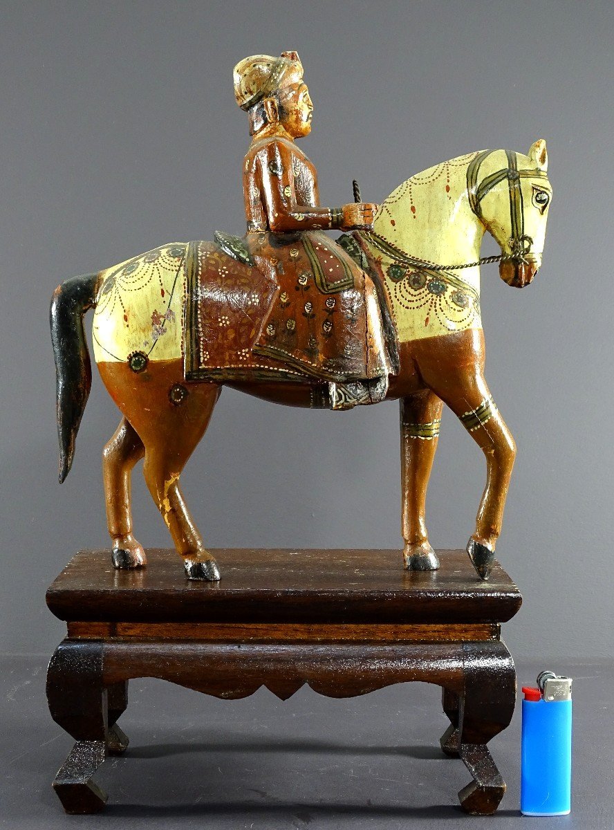 India, Mid-20th Century, Polychrome Wooden Group Of Rider On His Harnessed Mount. -photo-8