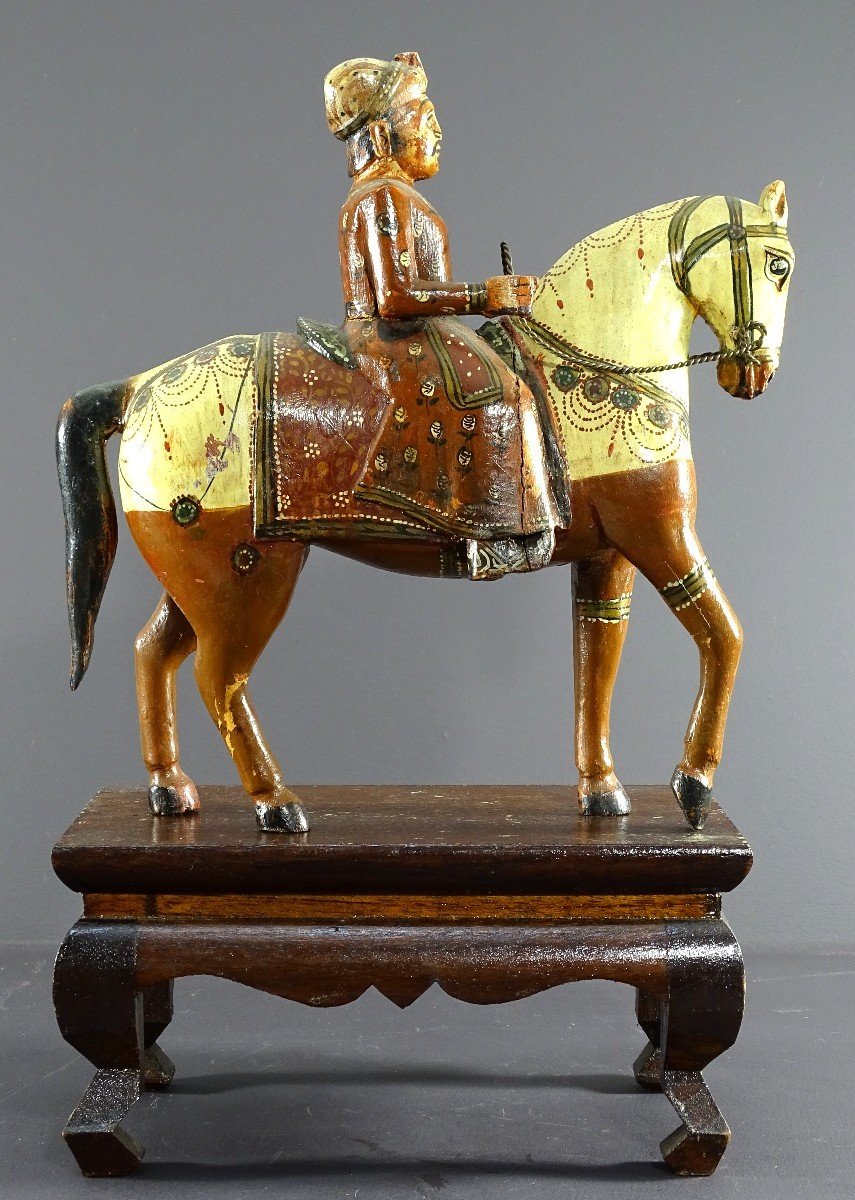 India, Mid-20th Century, Polychrome Wooden Group Of Rider On His Harnessed Mount. 