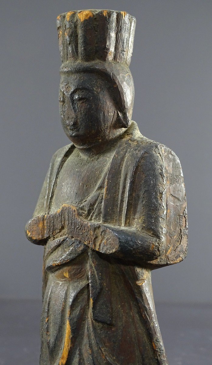 Japan, Early Edo Period (1603-1868), Rare And Antique Carved Wooden Statue Of A Shinto God. -photo-3