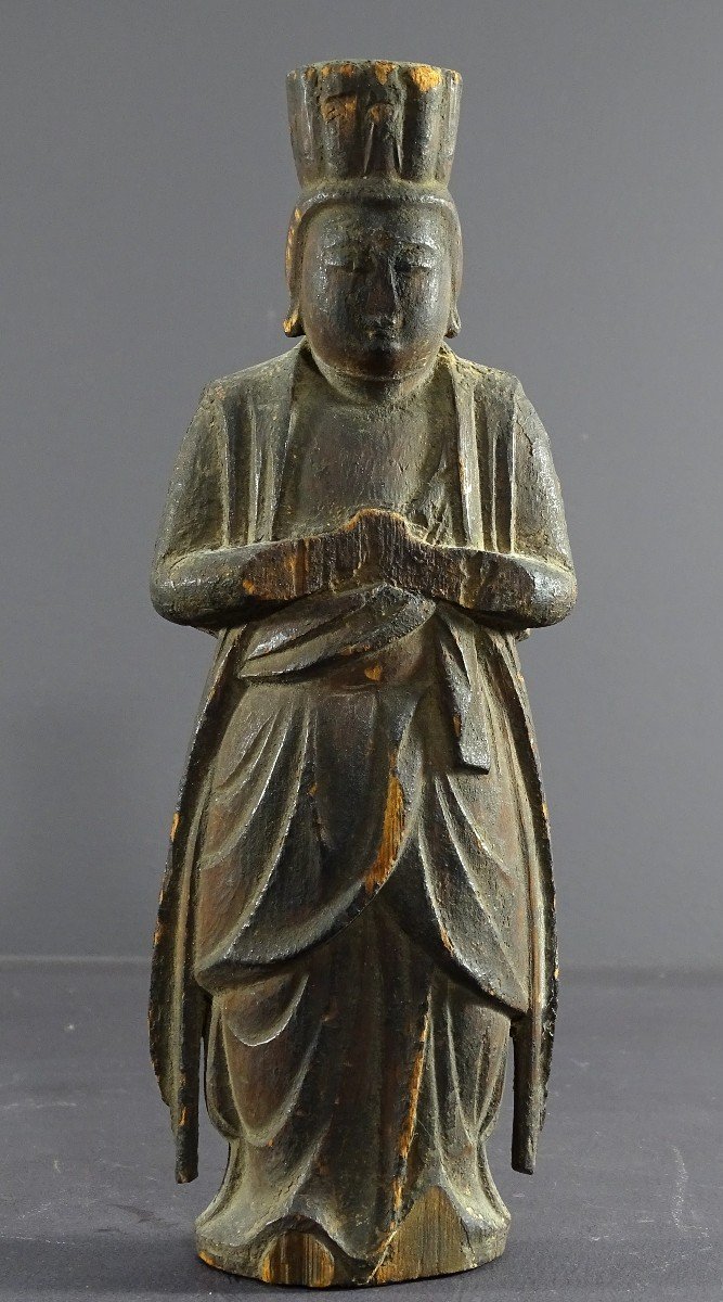 Japan, Early Edo Period (1603-1868), Rare And Antique Carved Wooden Statue Of A Shinto God. 