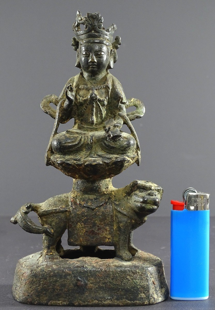 Chine, Dynastie Ming, Fin Du XIVème-début Du XVème, Statuette En Bronze De Majushri Sur Un Lion-photo-6