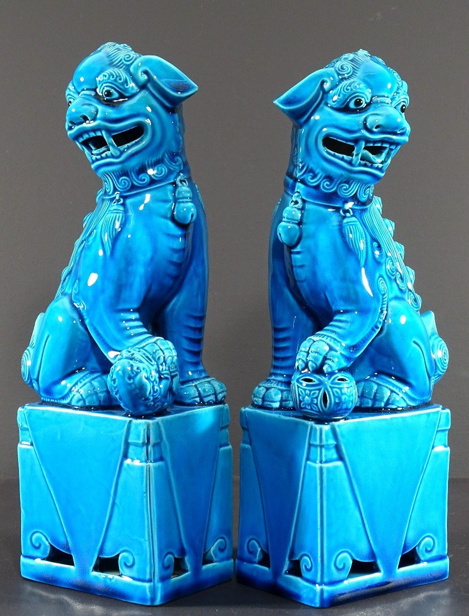 Chine, Années 1950/1960, Paire De Chiens De Fo En Porcelaine Bleue. -photo-2