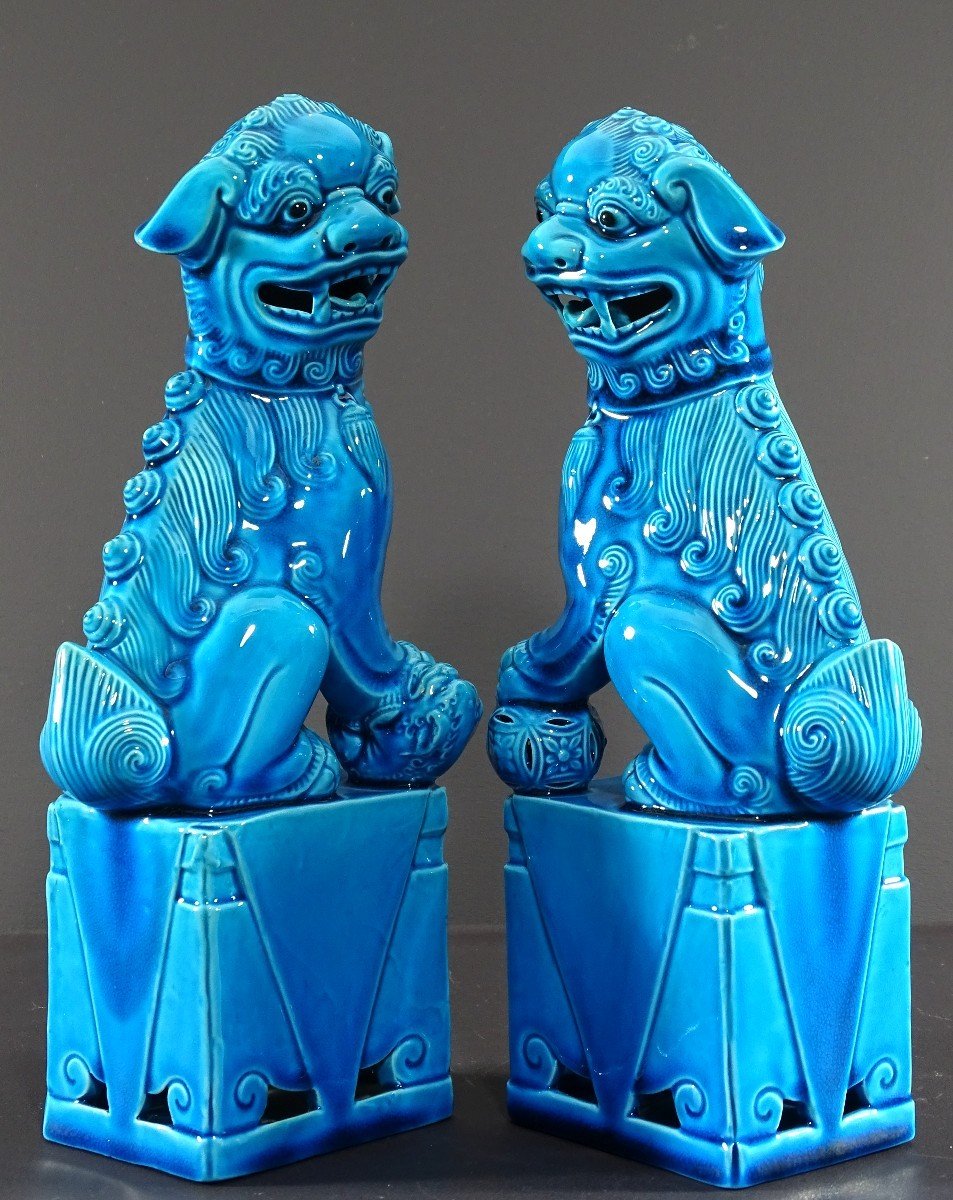 Chine, Années 1950/1960, Paire De Chiens De Fo En Porcelaine Bleue. -photo-3