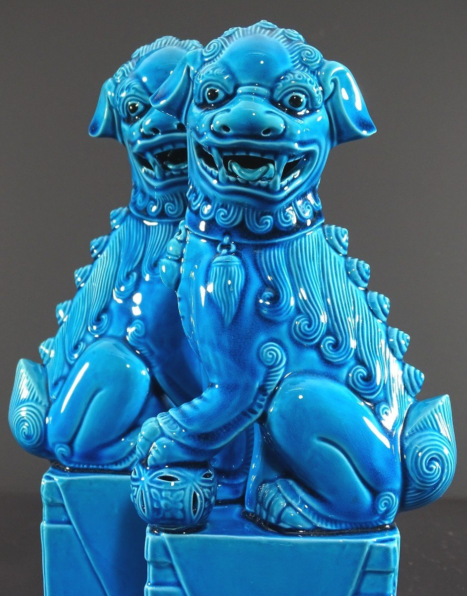 Chine, Années 1950/1960, Paire De Chiens De Fo En Porcelaine Bleue. -photo-2