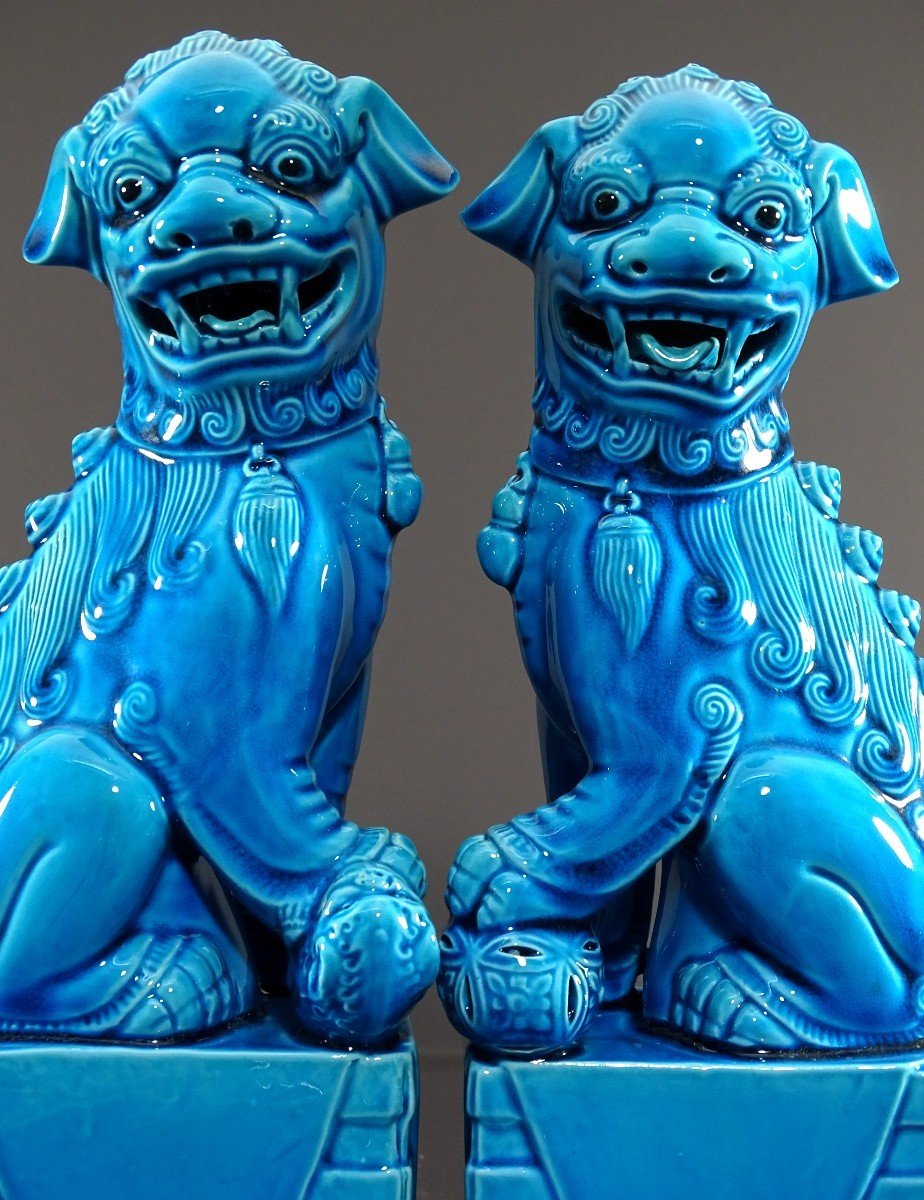 Chine, Années 1950/1960, Paire De Chiens De Fo En Porcelaine Bleue. -photo-3