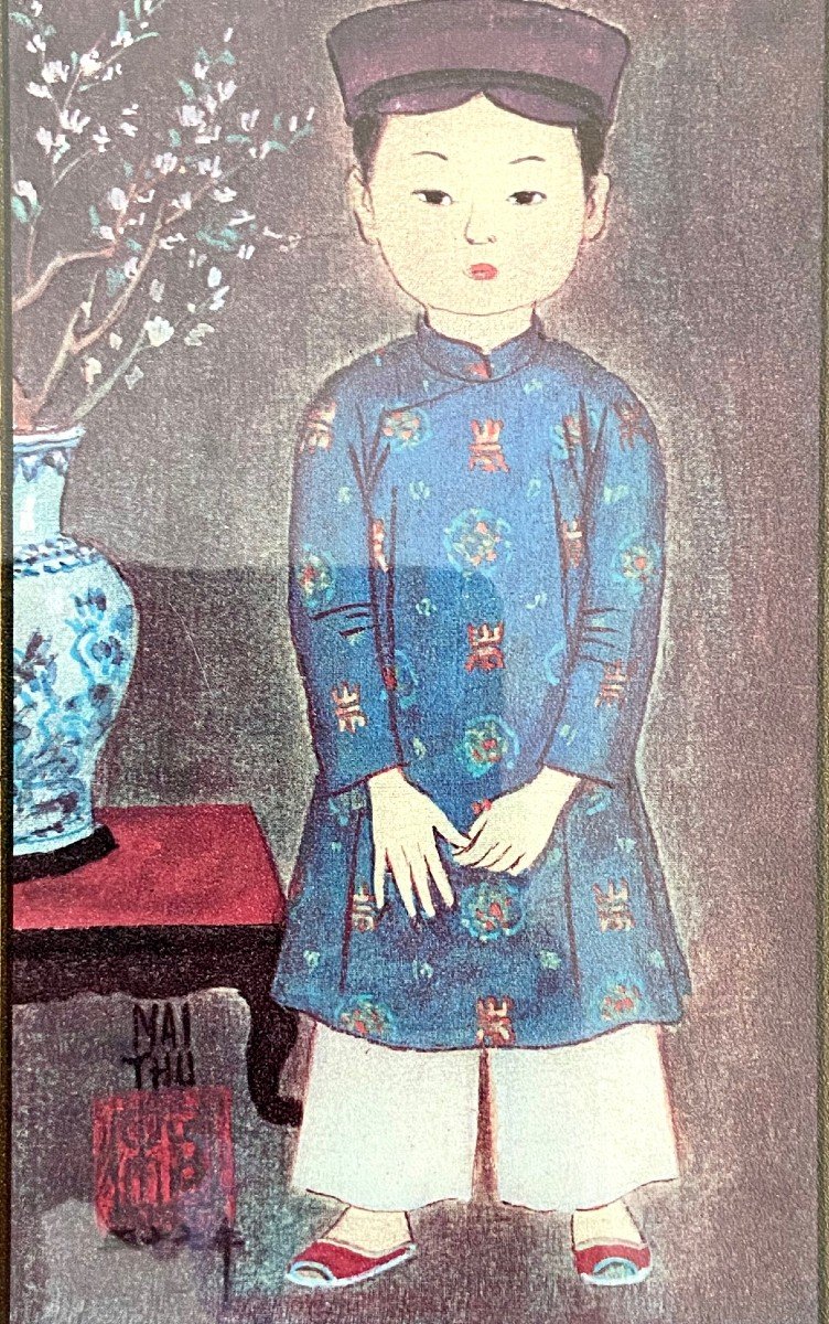 Mai Trung Thu Dit Mai Thu (1906-1980), Pair Of Prints On Paper 1970s Boy And Girl-photo-4