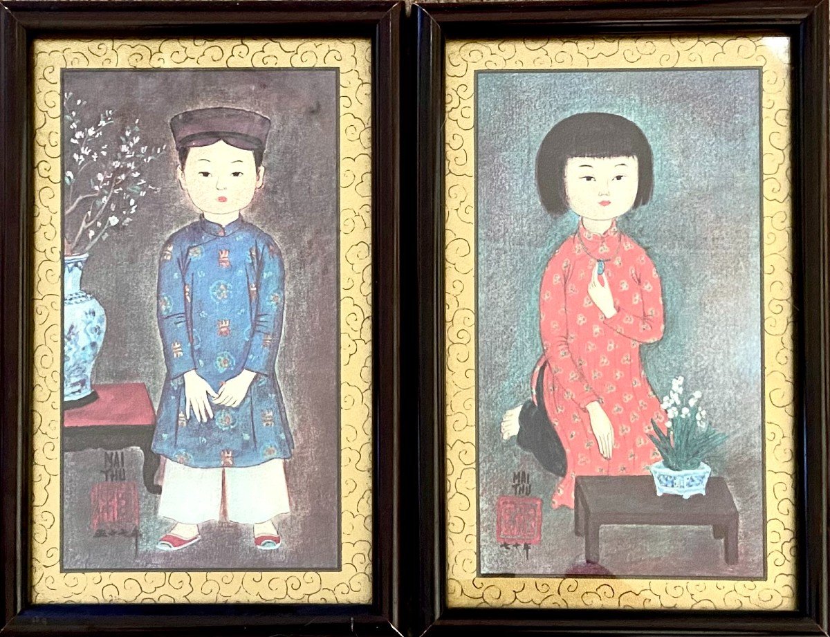 Mai Trung Thu Dit Mai Thu (1906-1980), Pair Of Prints On Paper 1970s Boy And Girl