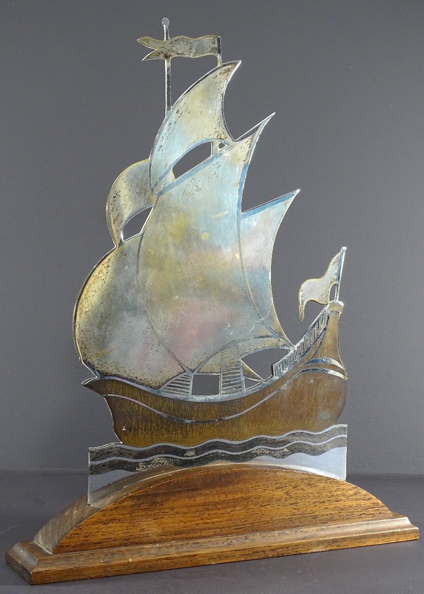 Alain Gerfaux, 1930s, Sailboat In Silver-plated Copper Dinanderie On Wooden Base. -photo-2