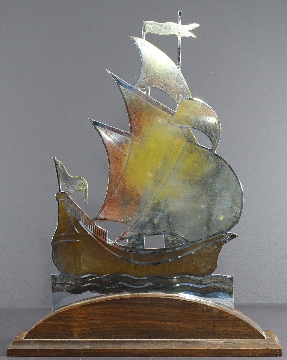 Alain Gerfaux, 1930s, Sailboat In Silver-plated Copper Dinanderie On Wooden Base. -photo-3