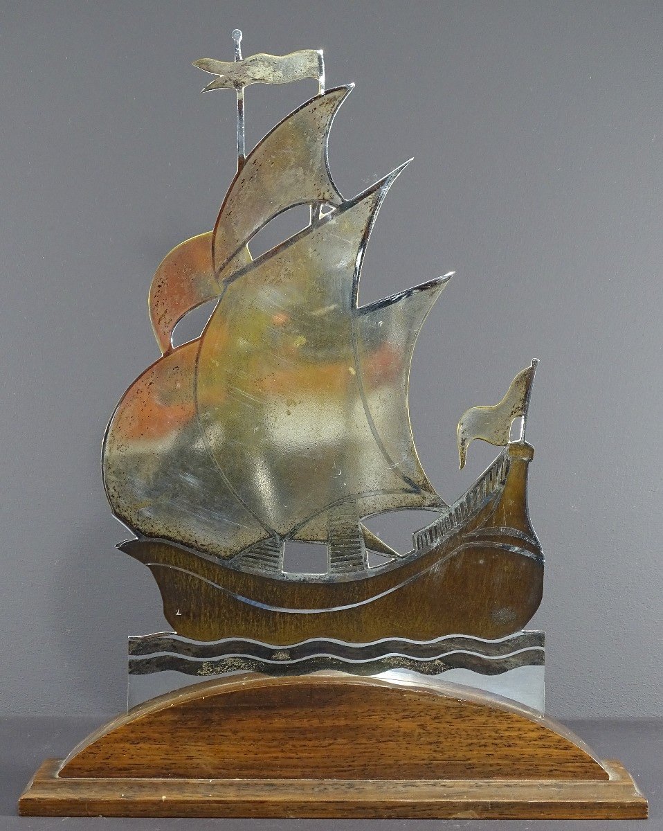 Alain Gerfaux, 1930s, Sailboat In Silver-plated Copper Dinanderie On Wooden Base. -photo-4