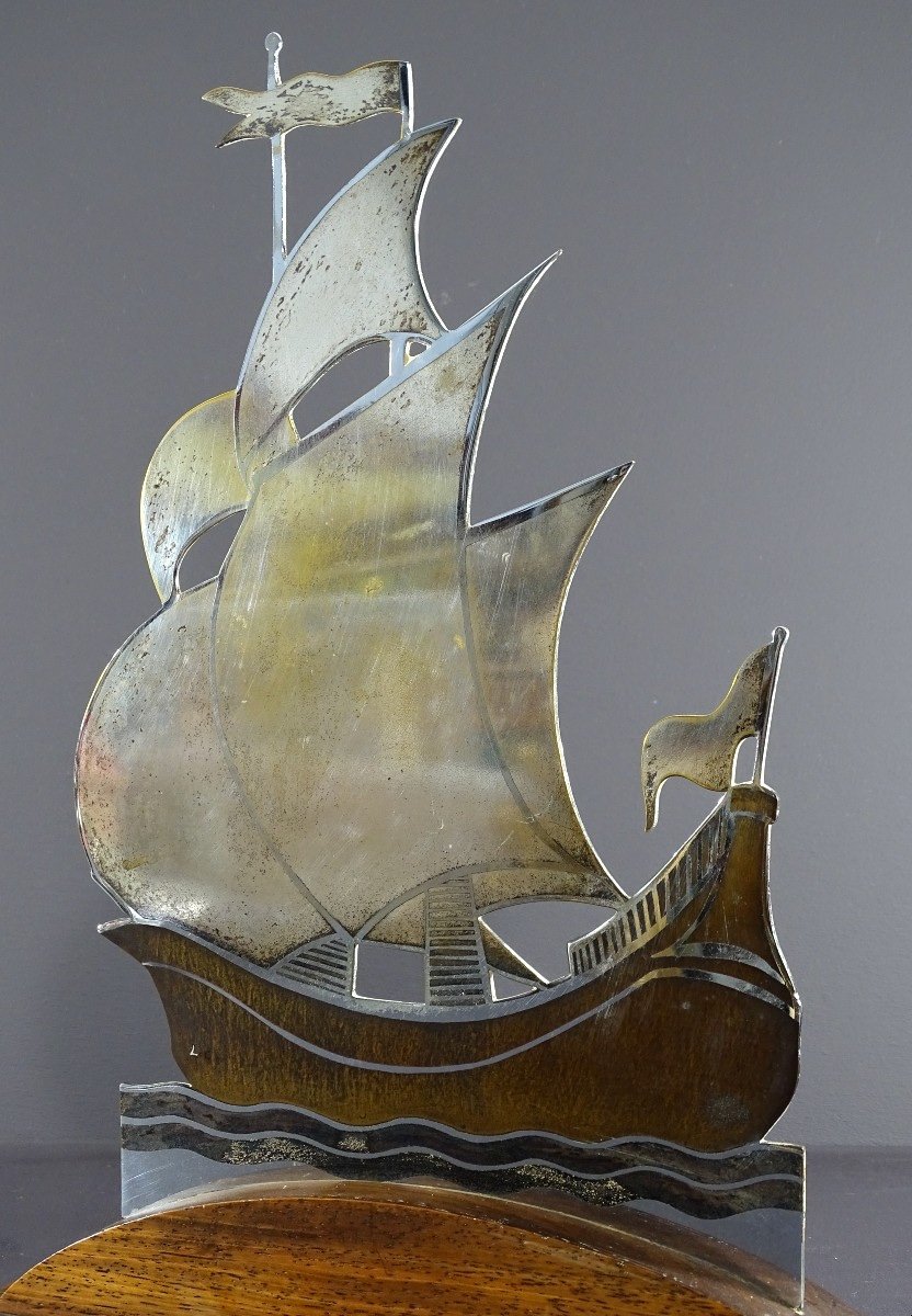 Alain Gerfaux, 1930s, Sailboat In Silver-plated Copper Dinanderie On Wooden Base. -photo-1