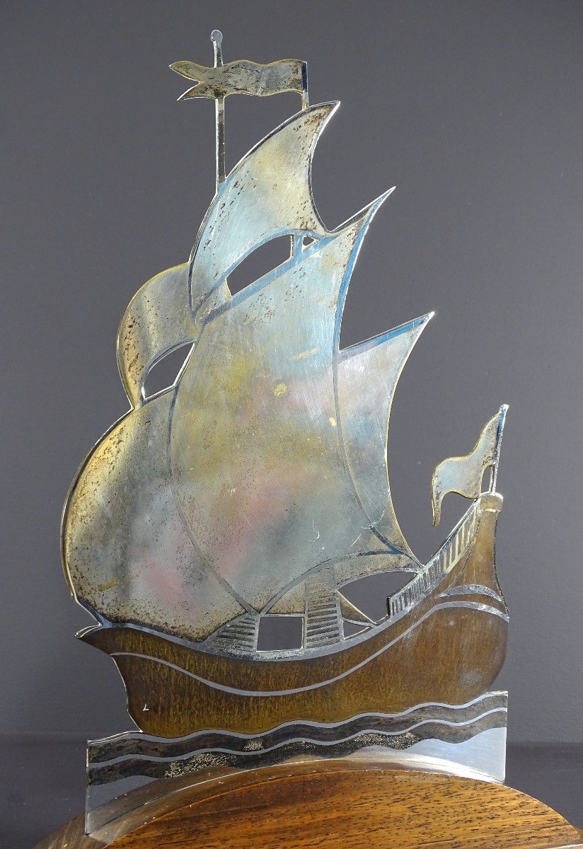 Alain Gerfaux, 1930s, Sailboat In Silver-plated Copper Dinanderie On Wooden Base. -photo-2