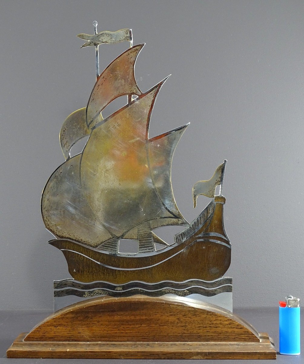 Alain Gerfaux, 1930s, Sailboat In Silver-plated Copper Dinanderie On Wooden Base. -photo-4