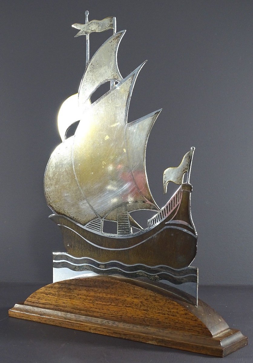 Alain Gerfaux, 1930s, Sailboat In Silver-plated Copper Dinanderie On Wooden Base. 