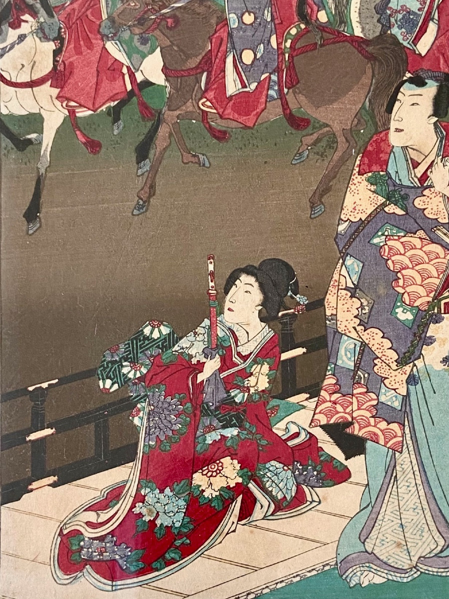 Japon, XIXème Siècle, Estampe Aux Cavaliers Par Kunichika (1835-1900).-photo-2