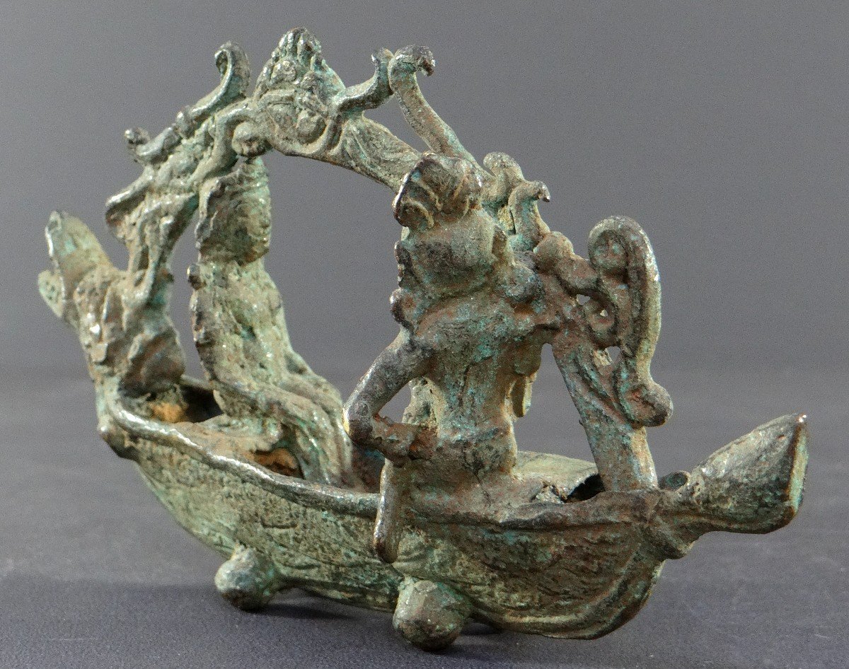 Indonésie, XIXème Siècle Ou Antérieur, Sculpture Bronze Couple Royal En Barque Esprit Majapahit-photo-4