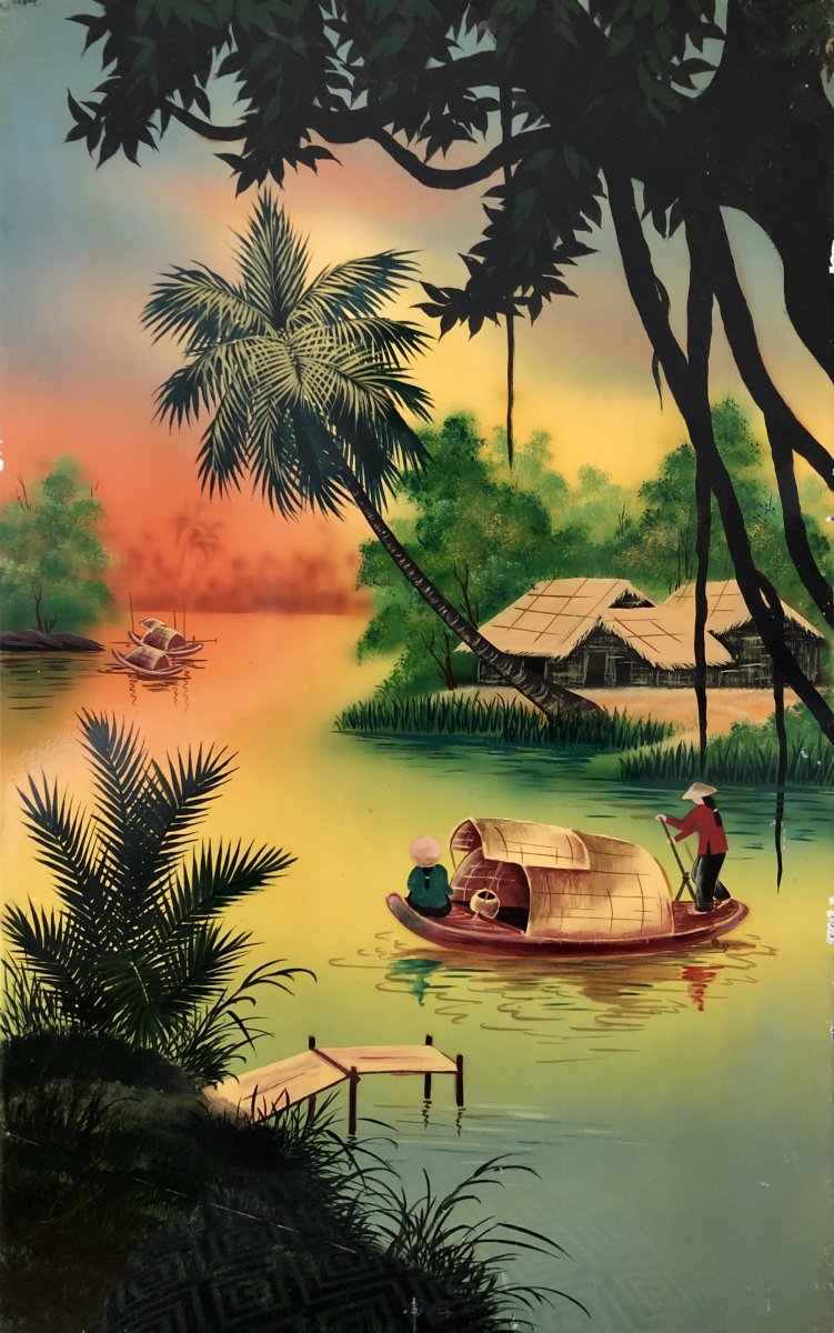 Vietnam 1950s / 1960s, Hanoi School, Large Lacquer Panel Animated Lacustrine Landscape.-photo-2