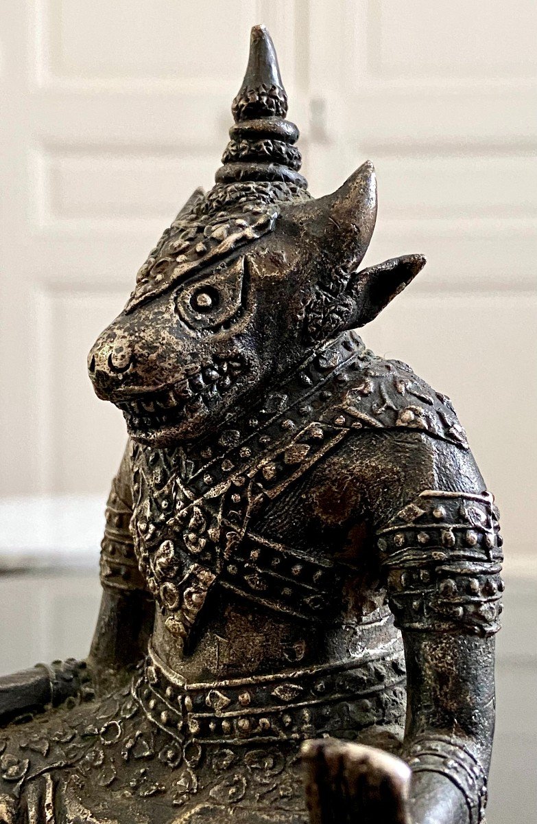Thailand, First Third Twentieth Century, Silver Bronze Statuette Deity Bull Head.-photo-6