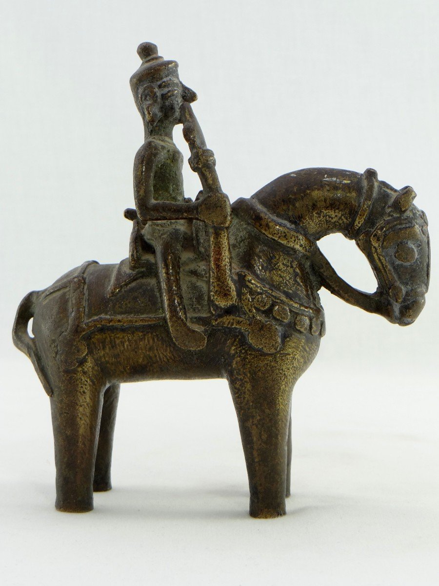 India, XIXth Century, Bronze Statuette Representing A Divinity On Horseback.-photo-2